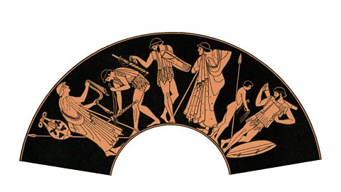 A picture on an old orange and black piece of pottery shows six people standing and holding things like sticks, spears and musical instruments. They look like they are dressed in ancient clothes.