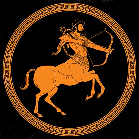A centaur with the top half of a person and the bottom half of a horse. The creature is holding a bow and arrow, ready to shoot. The picture is orange on a black background inside a round border with a pattern.