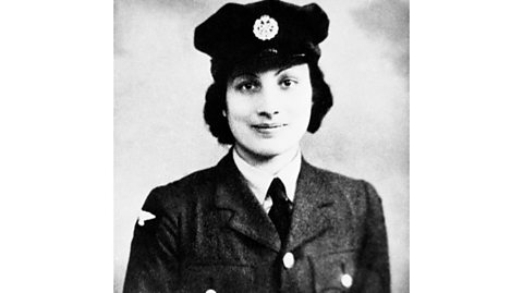 Black and white photo of Noor in WAAF uniform, during World War ll before she was sent in to occupied France