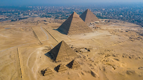 A photo from a drone of the pyramids of Giza.