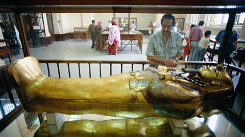 A photo of Tutankhamun's inner coffin in a museum in Cairo.