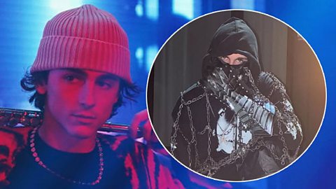 An image showing actor Timothée Chalamet performing in a sketch as a rapper and an inset image of Liverpool rapper EsDeeKid