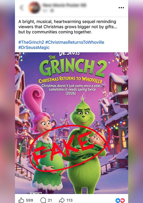 A fake image of the Grinch 2 including AI images of Grinch's fake wife and baby on street filled with snow and Christmas decorations.