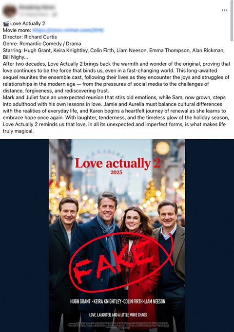 A fake image of a Love Actually 2 poster featuring AI-generated pictures of Liam Neeson, Hugh Grant, Kiera Knightley and Colin Firth.