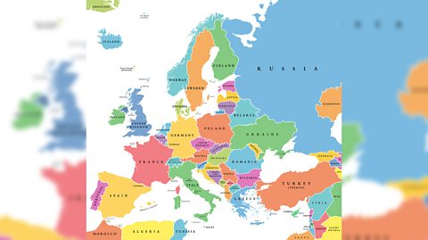 A map illustration of Europe, showing Austria, coloured coded in orange, landlocked and surrounded by other countries
