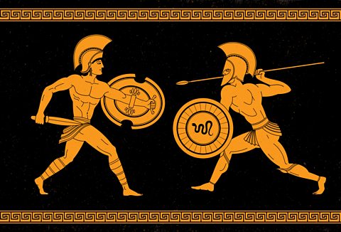 Two ancient Greek warriors are shown in an orange and black design. One holds a sword and shield, while the other is ready to throw a spear, both wearing helmets and standing in a patterned border.