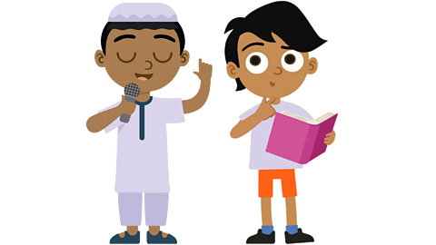 An illustration of a young boy speaking into a microphone and a young boy reading from a book