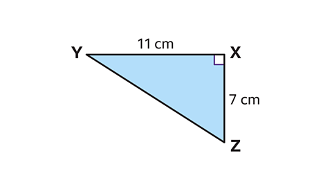 Right angled triangle XYZ. XY equals eleven centimetres and XZ equals seven centimetres. The hypotenuse (YZ) is unknown