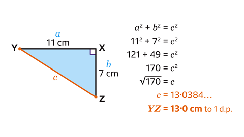 Right angled triangle XYZ. XY equals eleven centimetres and XZ equals seven centimetres. Side YZ (c) squared is equal to eleven squared plus seven squared, which equals one hundred and seventy. So side c equals thirteen centimetres
