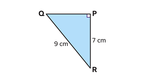 Right angled triangle PQR where PR equals seven centimetres, QR (the hypotenuse) equals nine centimetres and PQ is unknown.