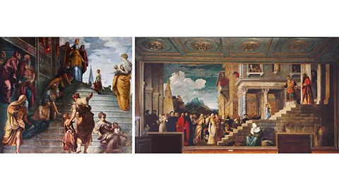 Getty Images Tintoretto (left) and Titian's versions of the Presentation of the Virgin (Credit: Getty Images)