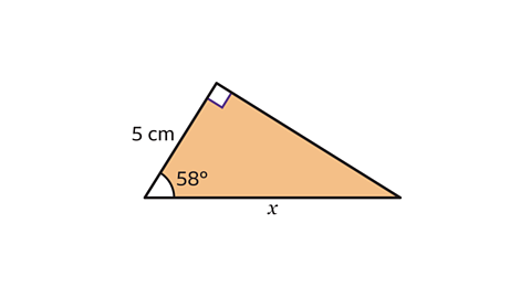 Right-angled triangle with unknown hypotenuse x, angle of 58 degrees and side next to the angle, equal to 5 cm