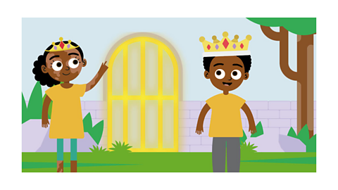 A boy and a girl standing in a garden. The girl is pointing at a golden gate and they are both wearing crowns. Studying adverbs is useful for the SEAG transfer test