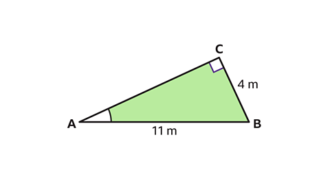 Right-angled triangle with unknown angle, CAB, opposite side of 4 metres and hypotenuse of 11 metres