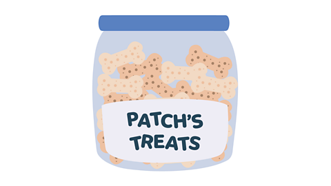 A jar of dog biscuits, with a label saying ‘Patch’s treats’.