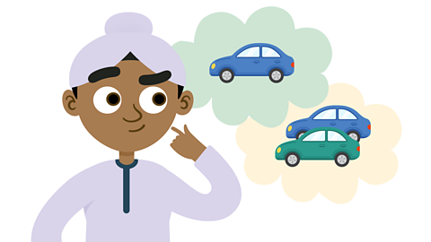 A boy next to two thought bubbles. In one thought bubble is 1 car. In the other are two cars.