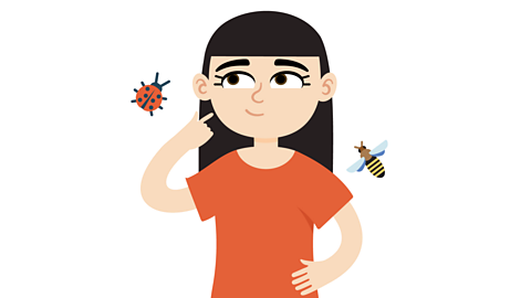 A girl next to a ladybug and a bee.