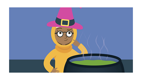 A girl in a witch’s hat standing next to a cauldron and thinking