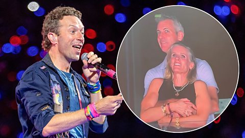Image showing Chris Martin of Coldplay on stage inset with the Kiss Cam moment that went viral 