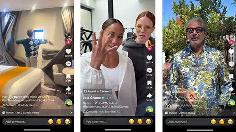 An image showing three TikTok posts referencing the Jet2 holiday ads