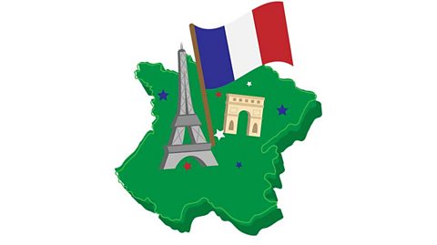 A map of France with the French flag, the Eiffel Tower and the Arc de Triomphe.