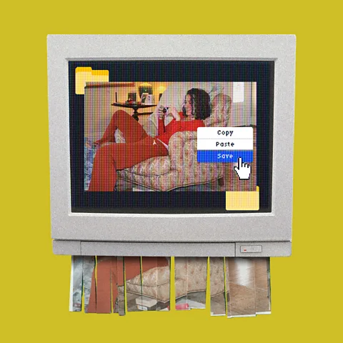 Serenity Strull/ Julia Bensfield Luce A boxy computer monitor showing an image of a girl on an armchair, with the options "copy, paste and save", and the same image being shredded beneath it (Credit: Serenity Strull/ Julia Bensfield Luce)