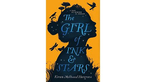 Book cover of The Girl of Ink & Stars by Kiran Millwood Hargrave with an orange background and a dark silhouette of a girl’s profile filled with birds, trees, and stars.