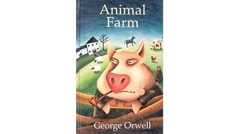 Book cover of Animal Farm by George Orwell showing a stylized farm scene with animals, green fields, and white houses in the background.