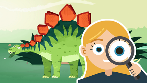 Image of a stegosaurus with red spikes and a dark and light green skin chewing some plants. It also has yellow spikes on its tail. A girl os on the foreground holding a magnifying glass to her eye
