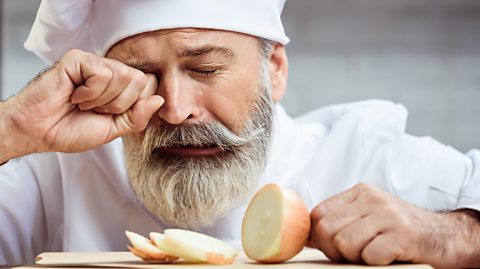 A senior chef cries whilst chopping an onion