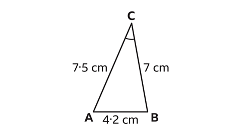 A triangle with the points labelled A, B and C. Line AC is labelled 7 point 5 centimetres; AB is labelled 4 point 2 centimetres; BC is labelled 7 centimetres. Angle ACB is drawn.