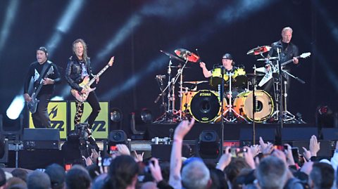The band Metallica perform on stage at the 2023 Download Festival