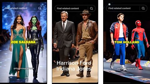 Image showing three different actors on a catwalk alongside an AI-generated image of their famous characters; Zoe Saldana, Harrison Ford and Tom Holland
