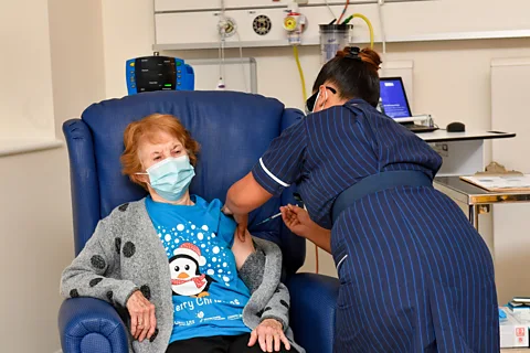 Getty Images Margaret Keenan receiving her vaccine in December 2020 (Credit: Jacob King via Getty Images)