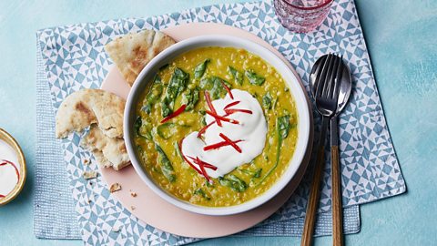 Spinach and coconut dal with pitta and yoghurt | Save to My Food now 