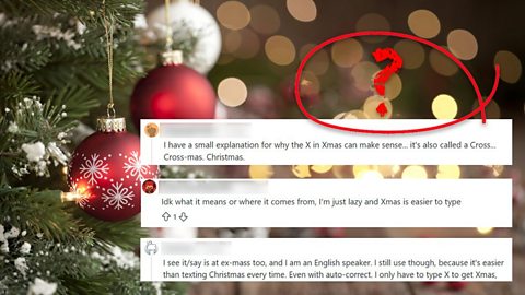 A Christmas image with three Reddit posts about the use of the spelling Xmas over Christmas