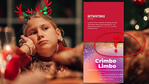 Image of a bored girl in the week between Christmas and New Year and suggestions of names for that week - including 'Crimbo Limbo'