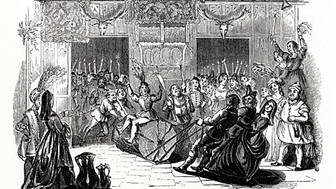 An old etching of a yule log being dragged into the house in the middle ages