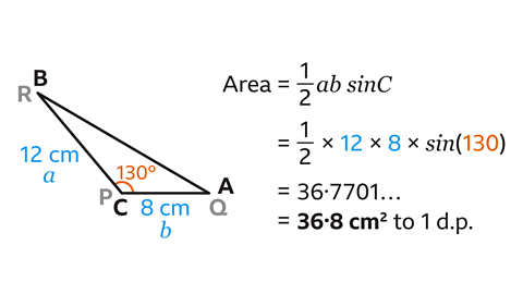 A triangle with the points labelled P and C, Q and A, R and B. PQR are greyed out. P is now C, Q is A and R is B. Line BC is labelled 12 centimetres and a; AC is labelled 8 centimetres and b. Angle BCA is 130 degrees. Written to the right: Area equals one half a b sin C. Equals one half multiplied by 12 multiplied by sin open brackets 130 close brackets. Equals 36 point 7 7 0 1. Equals 36 point 8 centimetres squared to 1 decimal place.