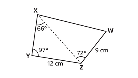 A quadrilateral with the 4 corners labelled W, X, Y and Z. Line WZ is labelled 9 centimetres; YZ is 12 centimetres. A dotted line is drawn from X to Z splitting the shape into 2 triangles. Angle WZX is 72 degrees; YXZ is 66 degrees; XYZ is 97 degrees.