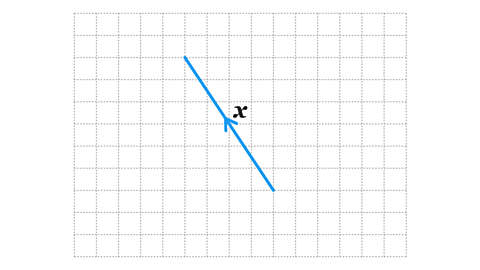 A blue diagonal line going up to the left with an arrow labelled x in the middle of it on a grid.