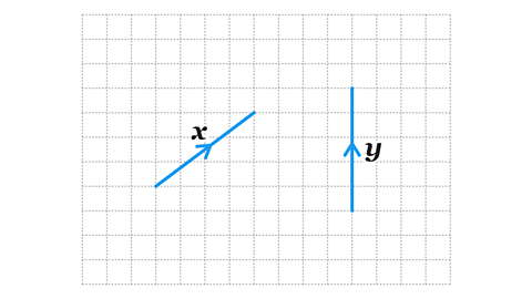 2 blue lines on a grid. One going up diagonally to the right with an arrow labelled x in the middle of it. The other going straight up with an arrow labelled y in the middle of it.