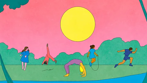 BBC An illustration showing five people doing different exercises in a park (Credit: BBC)