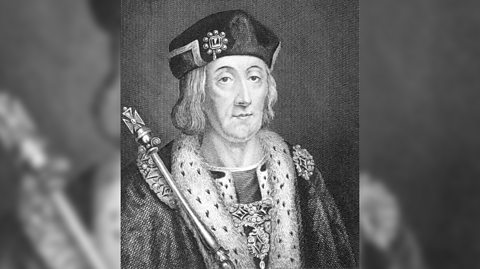 A black and white illustration of Henry VII. He has a blank expression and short hair under a royal cap and wears robes with fur and jewels while holding a sceptre 