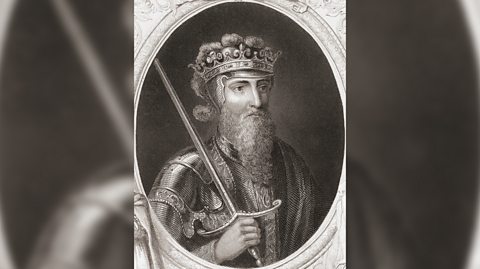 Një portret bardhë e zi i Mbretit Edward III. Ai shikon majtas dhe ka një shprehje të zbrazët. Ka mjekër të gjatë kaçurrela dhe flokë kaçurrela, mban veshur një kurorë dhe armaturë, ndërsa mban një shpatë në dorën e djathtë e cila mbështetet në shpatullën e djathtë.