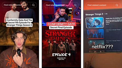 An image showing three TikTok videos related to a rumoured extra episode of Stranger Things to air after the finale