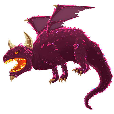 A purple dragon flying with its mouth open and horns