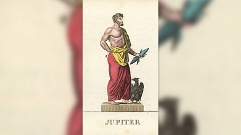 An illustration of Roman god Jupiter. He stands on a pedestal wearing yellow and red robes draping over his muscles. He has curly hair and a beard and hold a lightning bolt in his hand, while a large bird is perched next to him