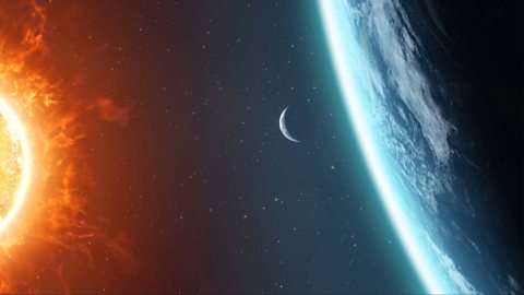 A digital illustration of the Sun, bright yellow and orange, in space, on the left, while on the right is Earth - with its blue waters and cold, white land. In between the Sun and Earth is the moon, which looks incredibly small in comparison 