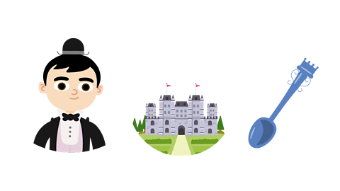 An image of a Butler, a castle and a fancy looking spoon.